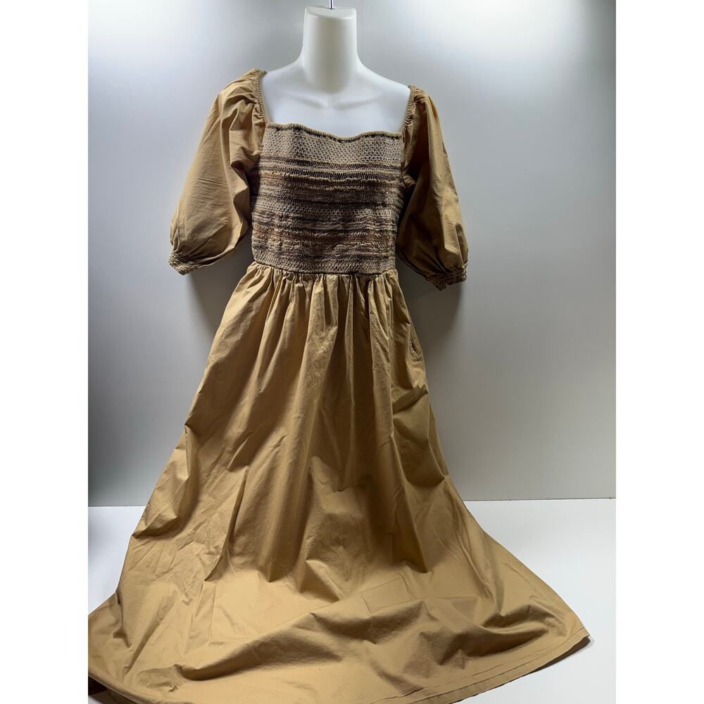 Old Navy Women’s Sz L Midi Dress Tan Puff Sleeve Smocked Cottage Core Peasant